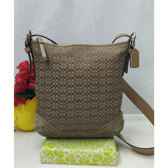 Coach Signature Brown Canvas Suede Zipper Closure Crossbody Shoulder Bag - Picture 1 of 14